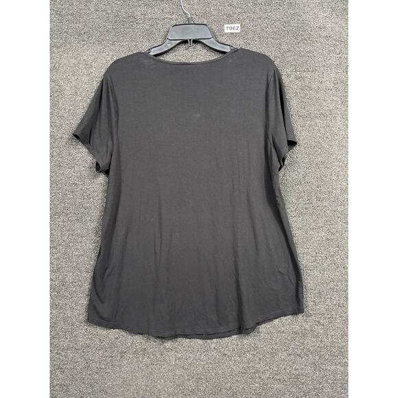 Chico's Pleated Top Size 2 US L Black Short Sleeve Womens Knitted Rayon Stretch - Picture 2 of 7